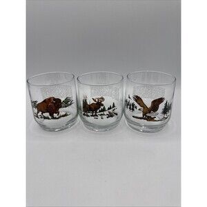 Vintage Sunoco Wildlife Rocks Glasses Bald Eagle Moose Buffalo Lowball Set of 3